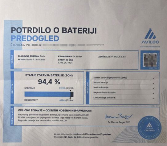 Potrdilo o stanju visokonapetostne baterije