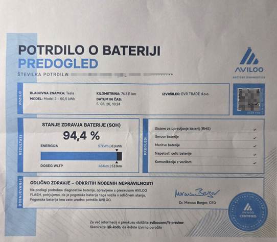 Primer ocene baterije Tesle Model 3