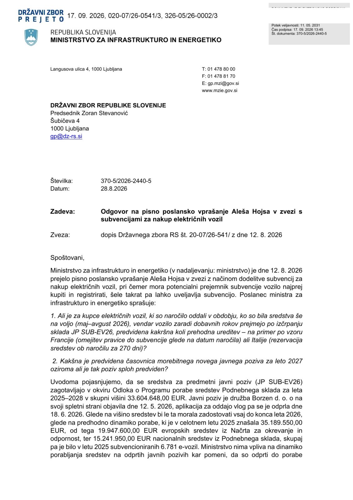 Odgovor poslancu Alešu Hojsu (370-5/2026-2440-5), stran 1